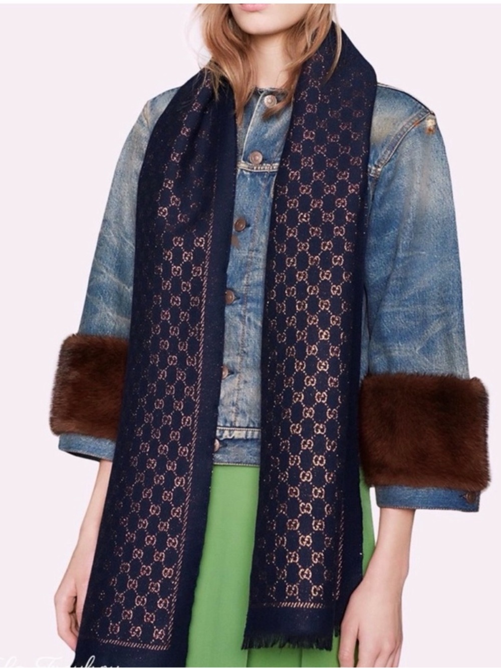 Gucci Navy and Gold GG Jacquard Wool Scarf